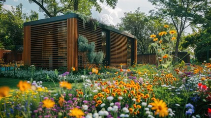 Obraz premium Modern modular house, vibrant garden.