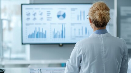 Researcher analyzing data trends laboratory digital display scientific environment rear view data analysis insights