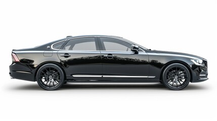 A luxury sedan with tinted windows and shiny rims, isolated on white background