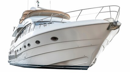 A luxury yacht with a sun deck, isolated on white background