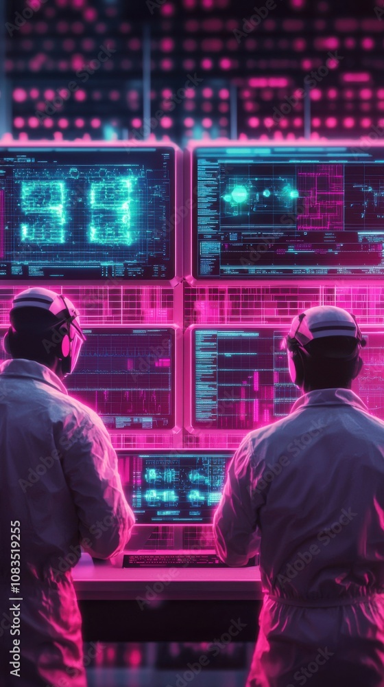 Aufkleber data analysis event control room digital display neon overhead view cybersecurity concept