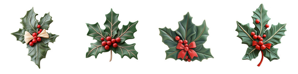 Festive holly leaves with red berries and ribbons for holiday decor
