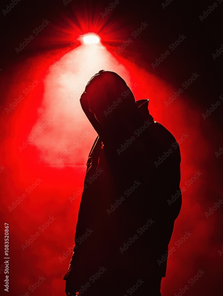 Poster a sleek figure in a dark hoodie and jacket stands ominously under red light, evoking a sense of dang