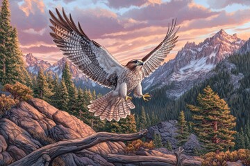 Fototapeta premium Falcon in Flight Over Mountain Landscape
