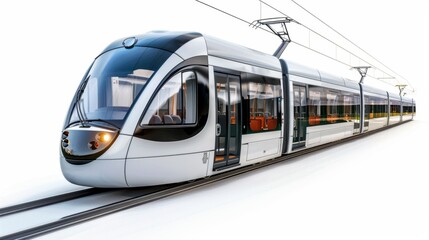 A modern tram with a sleek design, isolated on a white background