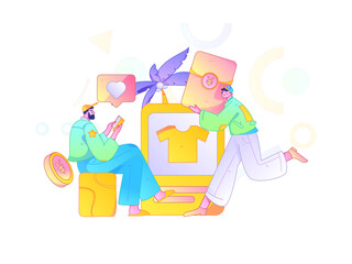 Fototapeta premium Holiday shopping people doing e-commerce online shopping flat vector concept operation hand drawn illustration 