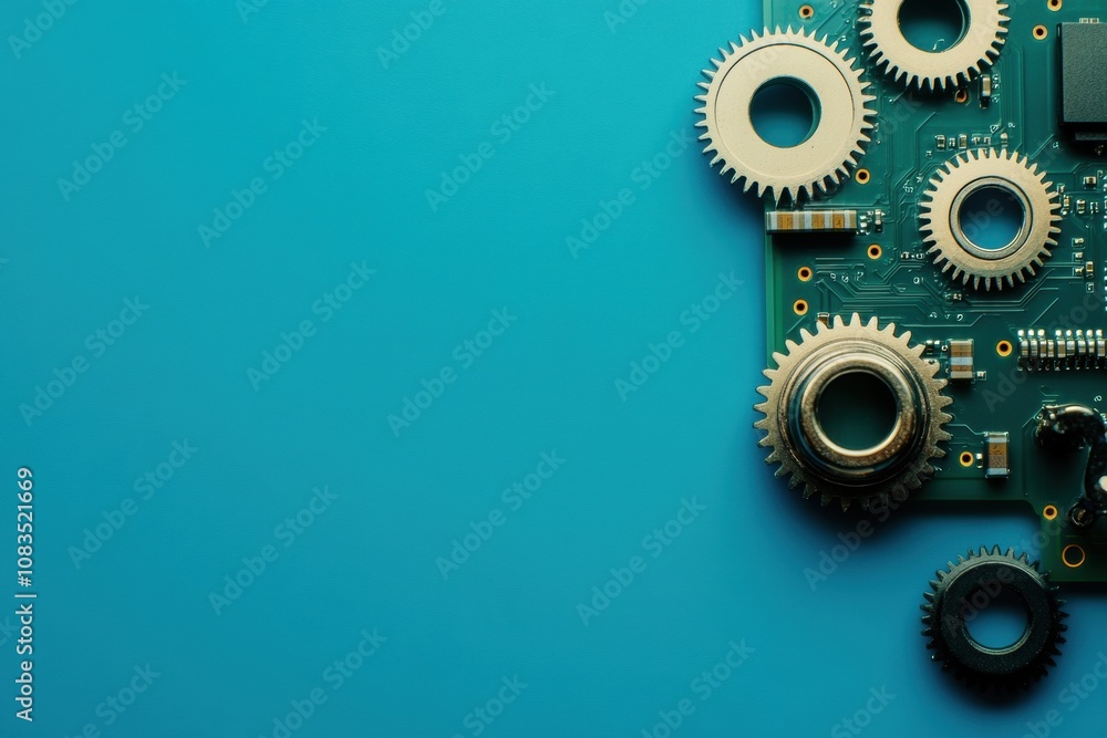 Poster gears interconnect with a microprocessor on a circuit board, showcasing technology design against a 