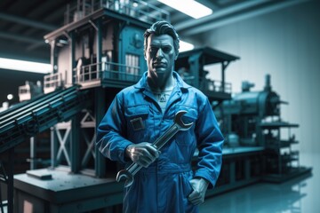 A man in blue overalls holding a wrench in a factory setting