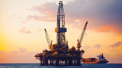Obraz premium Offshore oil drilling at sunset in Huntington Beach, California, industrial machinery extracting fossil fuels like crude oil and natural gas, highlighting energy production and environmental concerns