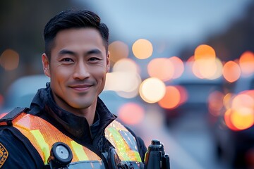 A smiling police officer with a reflective vest stands on a busy road at dusk.