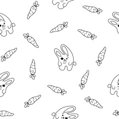 Obraz premium Cute rabbit character. Seamless pattern. Coloring Page. Kawaii cartoon hare. Vector drawing. Design ornaments.