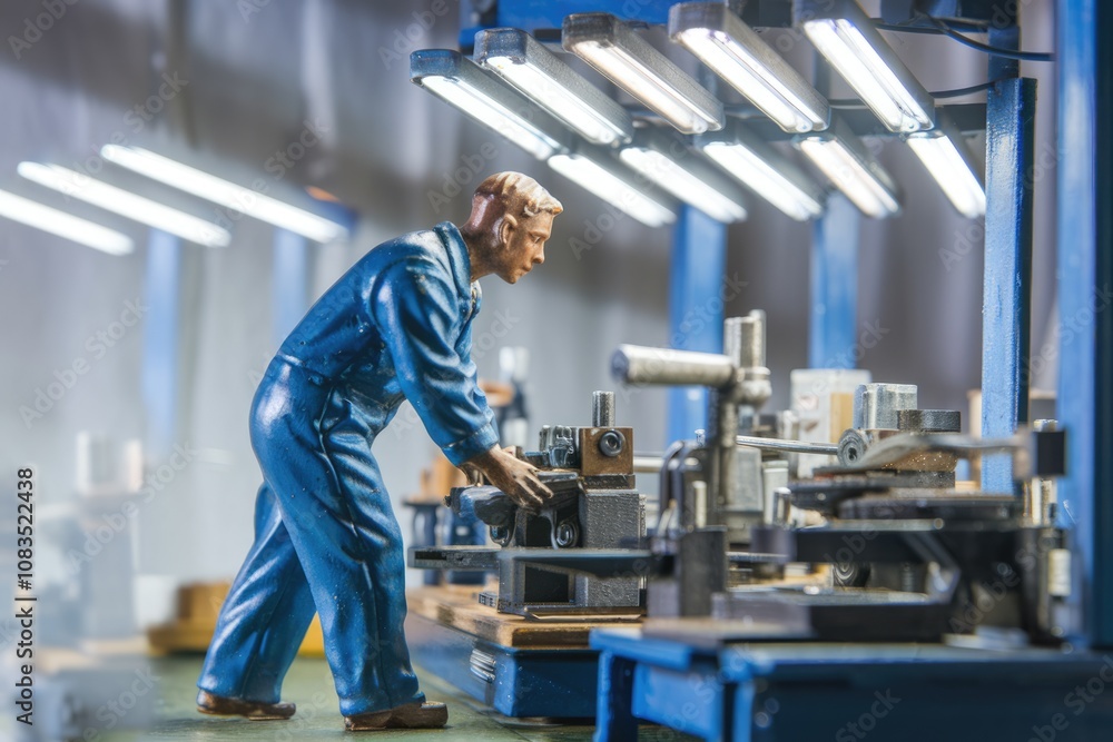 Poster A miniature worker operates machinery in a model factory setting.
