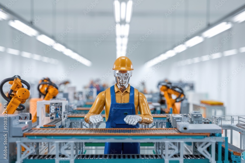 Aufkleber A robotic worker in a factory setting  working on a production line.
