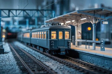 Obraz premium A miniature train model at a station with lights on.