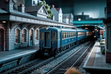 Fototapeta premium A miniature model train set with a blue train and a station platform.