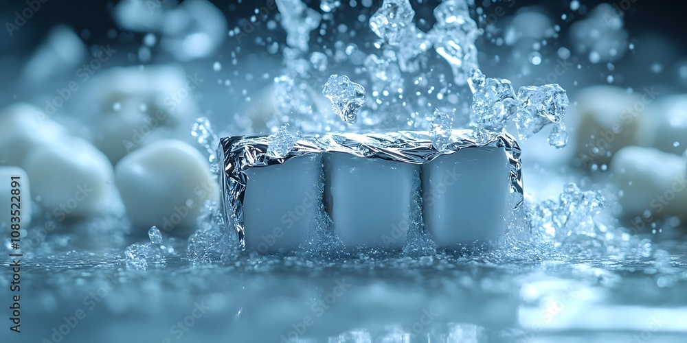 Poster a close-up of three sugar cubes splashing into water, creating dynamic droplets.