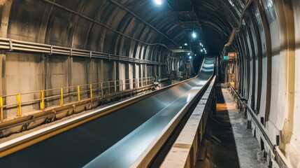 Obraz premium Belt conveyor system operating in an underground tunnel for transportation of ore to the surface, showcasing mining operations, material handling, and heavy machinery used in the mining industry