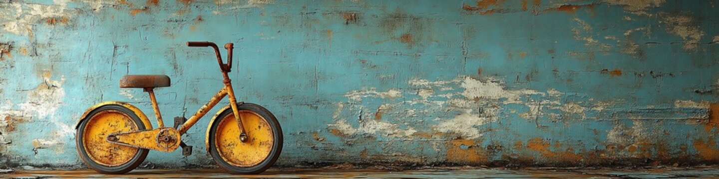 A rusty, yellow child's bike leans against a weathered turquoise wall, creating a nostalgic and slightly melancholy scene.