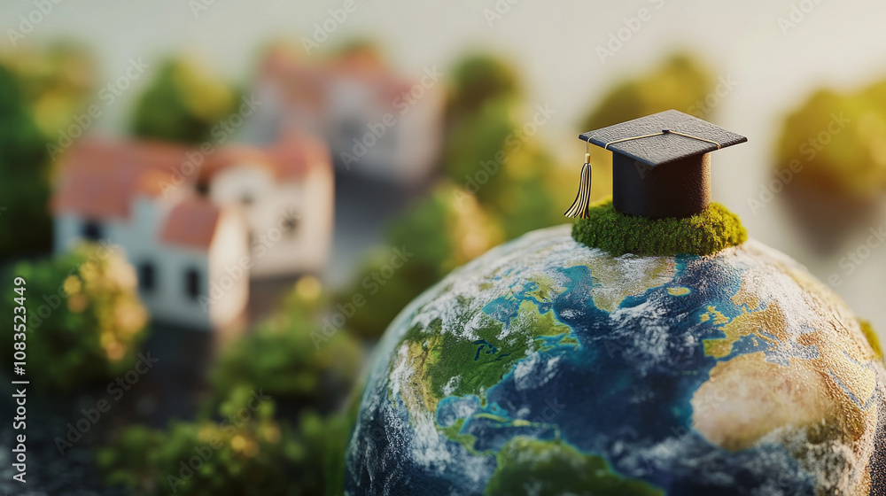 Poster a 3d image of a graduation cap on a globe symbolizes an online graduate certificate program. it's a 