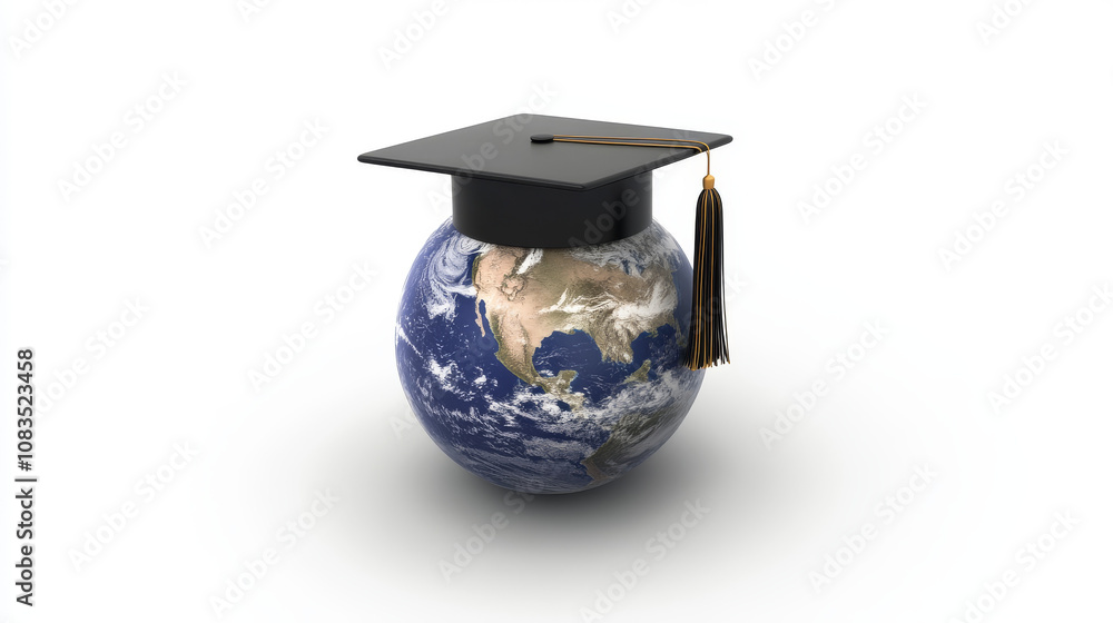 Poster a 3d image of a graduation cap on a globe symbolizes an online graduate certificate program. it's a 