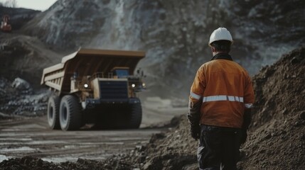 Fototapeta premium Mine worker wearing protective safety gear standing in the foreground with a large mining truck in the background at an open pit, symbolizing heavy industry and excavation work