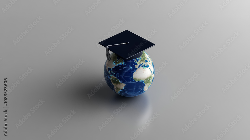 Poster a 3d image of a graduation cap on a globe symbolizes an online graduate certificate program. it's a 