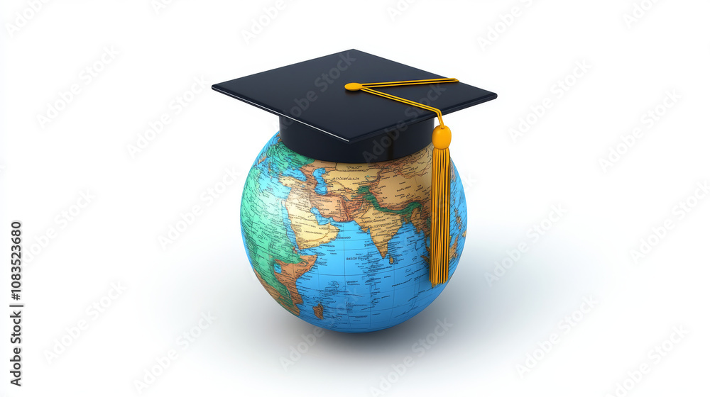 Poster a 3d image of a graduation cap on a globe symbolizes an online graduate certificate program. it's a 