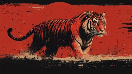 A majestic tiger walks through a field of tall grass with a red sky behind it.