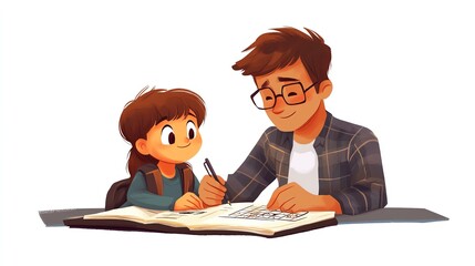 a 2D cartoon illustration of a teacher helping a student with a math problem, caring and supportive, white background--ar 16:9