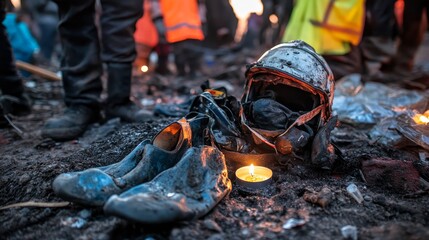 Vigil light and candle placed alongside the miner's personal belongings, including helmet, gloves, pickaxe, vest, belt, to honor the life lost in the fatal mine accident, symbolizing mourning, tribute