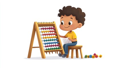 a 2D cartoon illustration of a student learning math with an abacus, traditional and educational, white background--ar 16:9