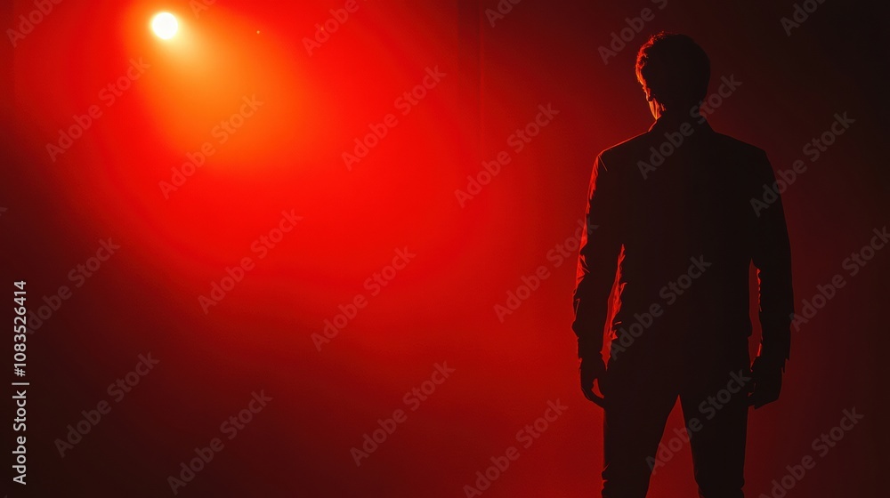 Poster a figure casts a shadow, cloaked in darkness, while standing still under a red light, suggesting a l