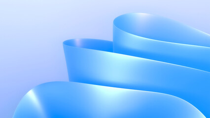 3D render of blue modern elegant abstract background with layered ribbon folds in light soft blue colors. Smooth organic wavy curves. Macro closeup of layered folded cloth. Surreal flower sculpture.