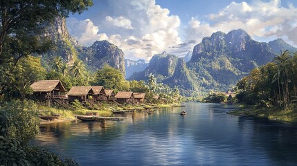 Fototapeta premium Oil Painting on Canvas Village and Bungalows Along Nam