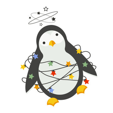 recommend clip art: Cute dizzy penguin trapped in Christmas garland lights. Vector clip art.