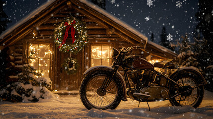 Vintage Motorcycle Outside a Cozy Cabin Decorated for Christmas in a Snowy Winter Landscape with Dazzling Lights and a Festive Atmosphere