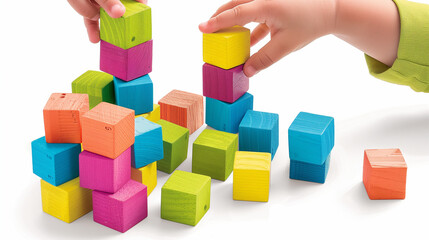Obraz premium Young child meticulously stacking brightly colored wooden blocks, showcasing fine motor skills development and focus on simple pattern arrangement.