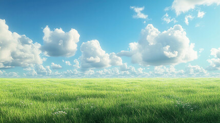 Green grass field and colorful sky clouds at sunset.