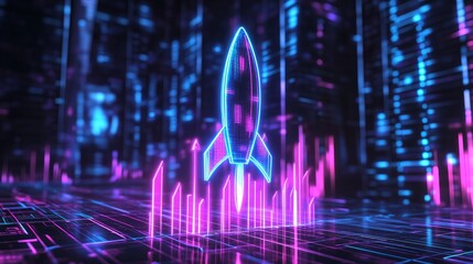 A financial chart with rising arrows and a rocket graphic.

