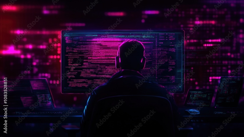 Poster silhouette of a person coding at a glowing computer in a dark room.