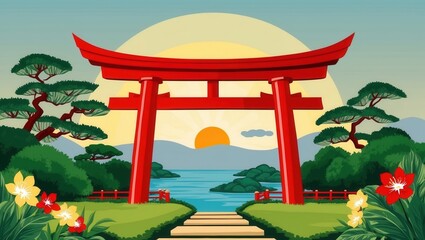 Obraz premium Sunset over a japanese torii gate tranquil river landscape digital art serene environment wide viewpoint cultural significance