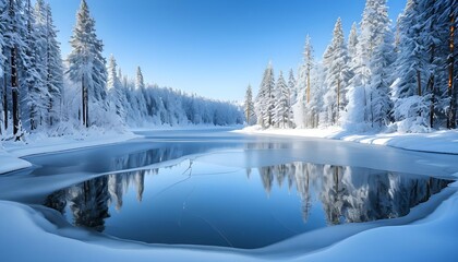 Serene winter landscape with snowy forest reflected in icy lake, perfect for calm scenes