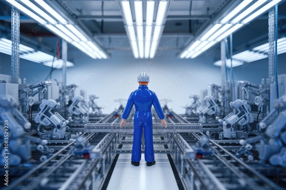 Poster A lone worker stands in a factory with a line of robots.