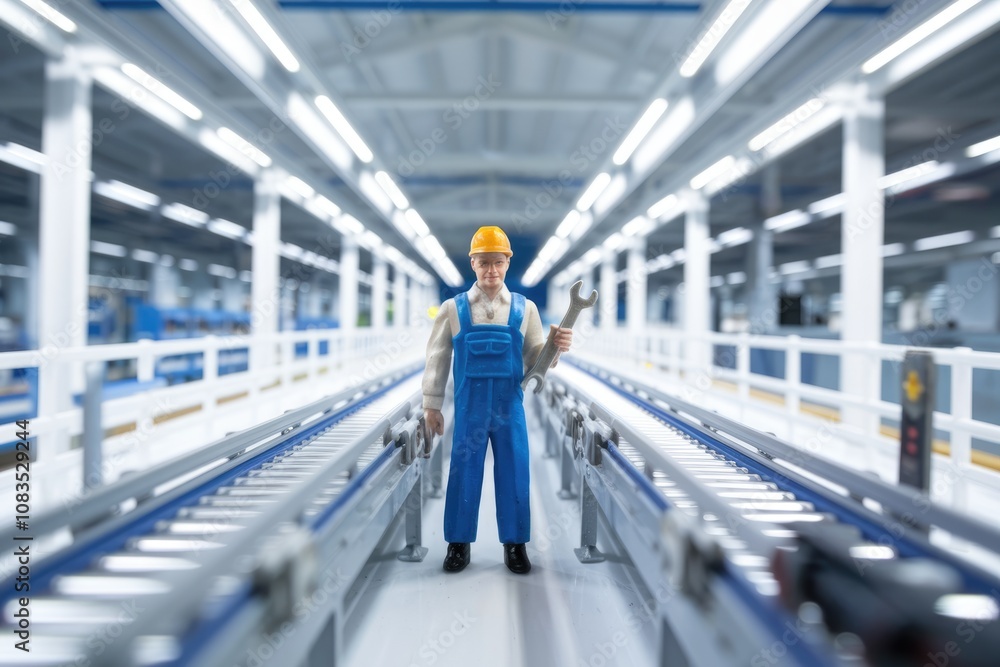 Poster A toy worker stands on a conveyor belt in a factory setting.