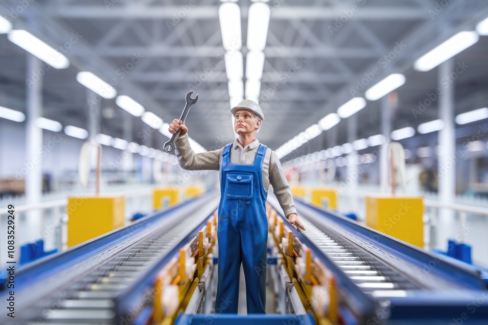 Poster A miniature worker holding a wrench stands on a conveyor belt in a factory.