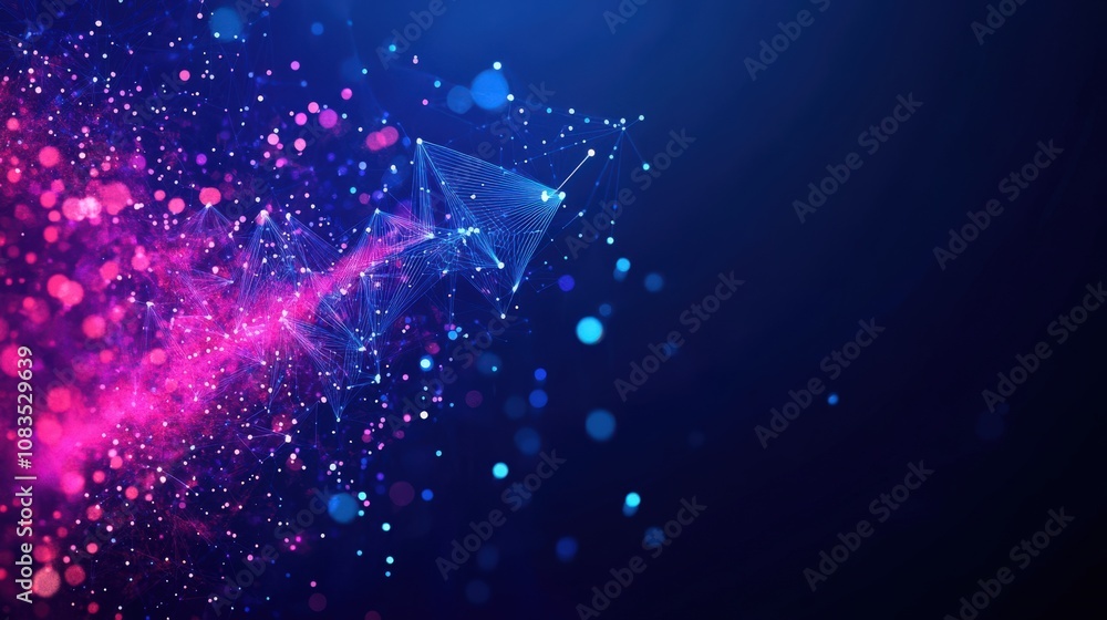 Poster abstract digital art with vibrant colors and glowing particles in dynamic motion.