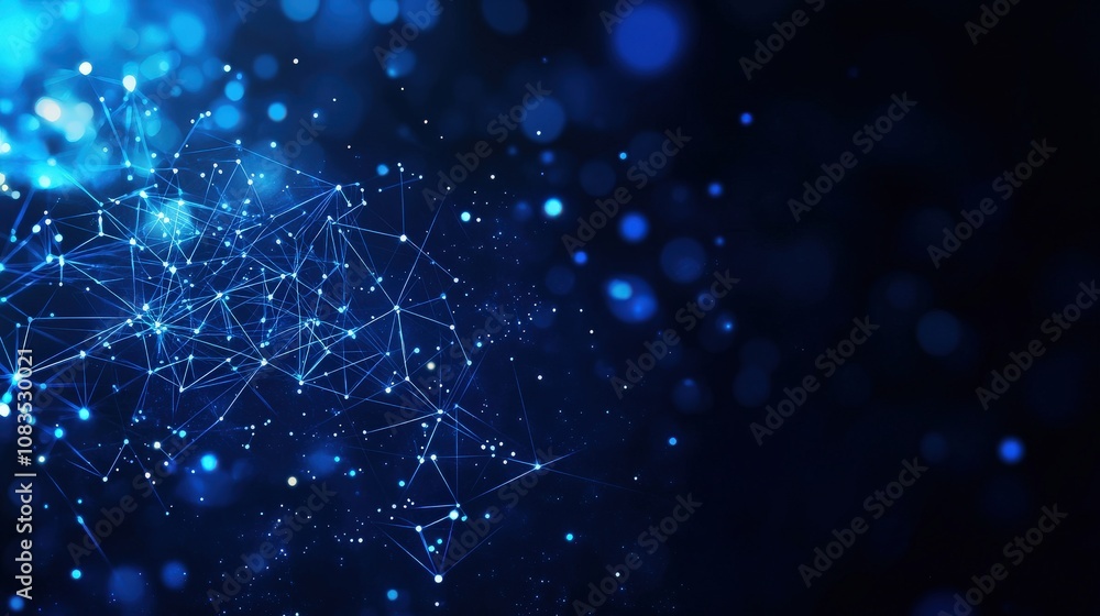 Poster abstract digital network with glowing blue nodes and lines on dark background.