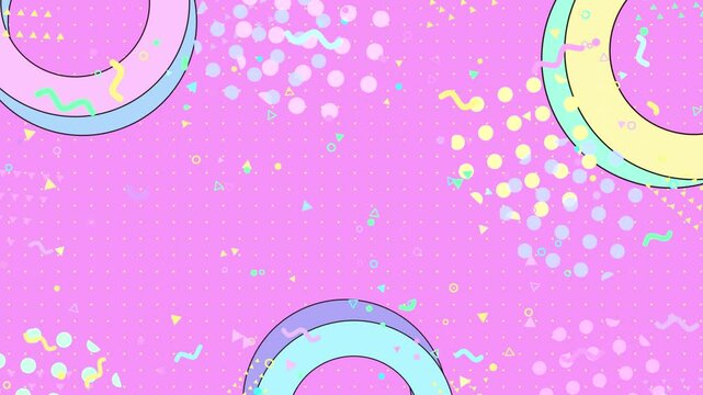 Looped colorful circles, rings, dots, worm-like wavy lines, and triangles on pink background motion graphics.