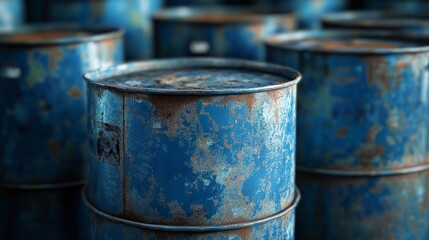 Fototapeta premium Bright blue metal barrels neatly arranged.