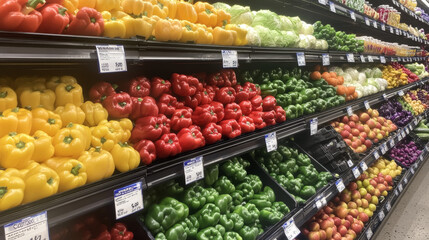 A bright display of colorful fruits and vegetables at the grocery store.